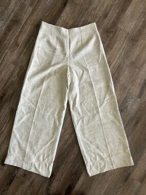 Edward Achour Paris Ivory Silk Trousers, Tweed-Inspired Wide-Leg, Size 46.